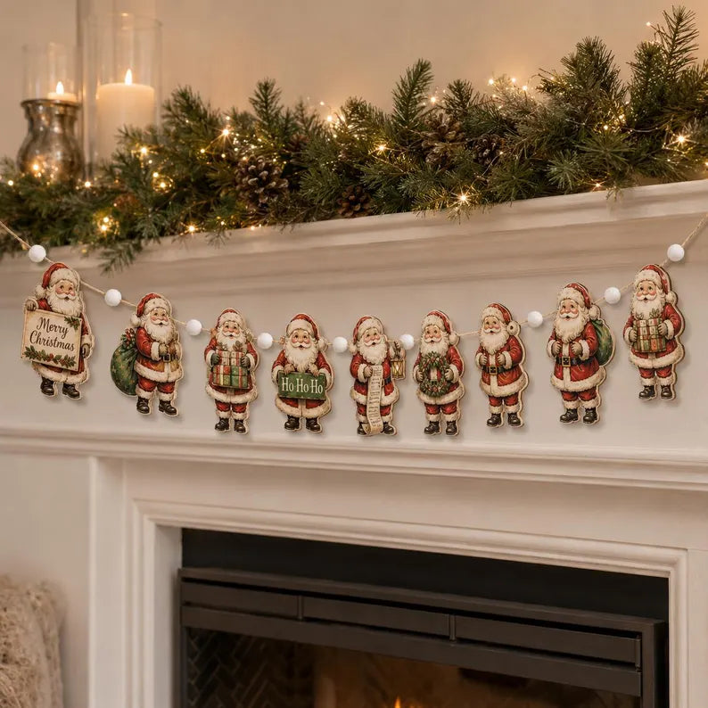 Vintage Santa Wooden Garland - Rustic Christmas Mantel Banner, Farmhouse Fireplace Decor