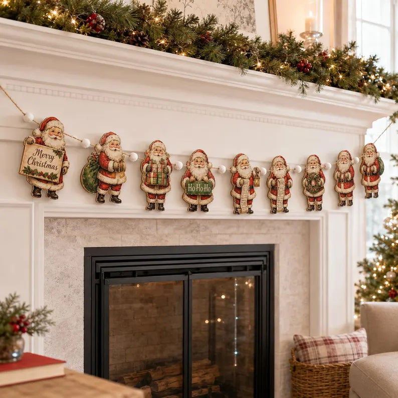 Vintage Santa Wooden Garland - Rustic Christmas Mantel Banner, Farmhouse Fireplace Decor