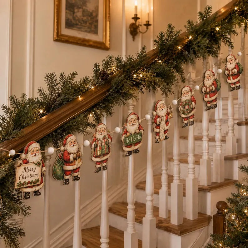 Vintage Santa Wooden Garland - Rustic Christmas Mantel Banner, Farmhouse Fireplace Decor