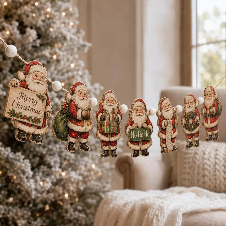 Vintage Santa Wooden Garland - Rustic Christmas Mantel Banner, Farmhouse Fireplace Decor