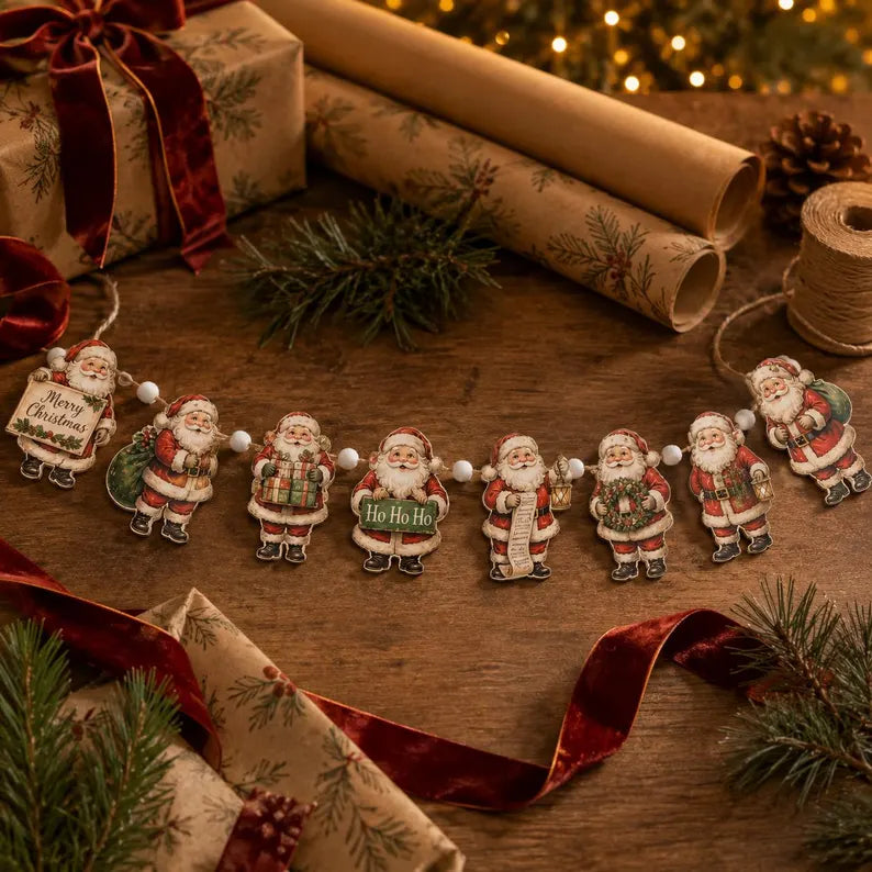 Vintage Santa Wooden Garland - Rustic Christmas Mantel Banner, Farmhouse Fireplace Decor