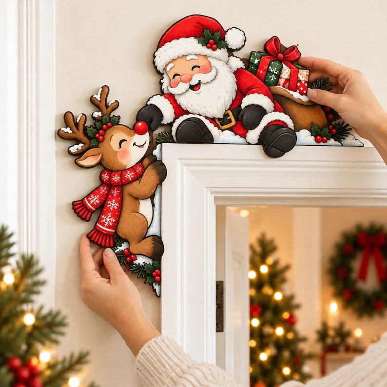 Santa & Reindeer Christmas Door Topper - Wooden Door Frame Corner Decor, Holiday Door Decoration