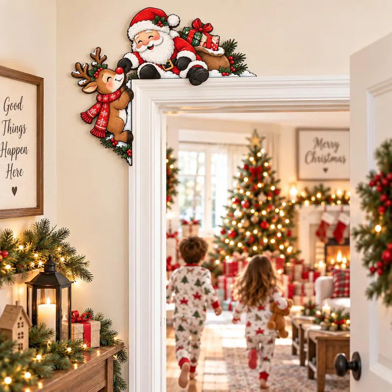 Santa & Reindeer Christmas Door Topper - Wooden Door Frame Corner Decor, Holiday Door Decoration