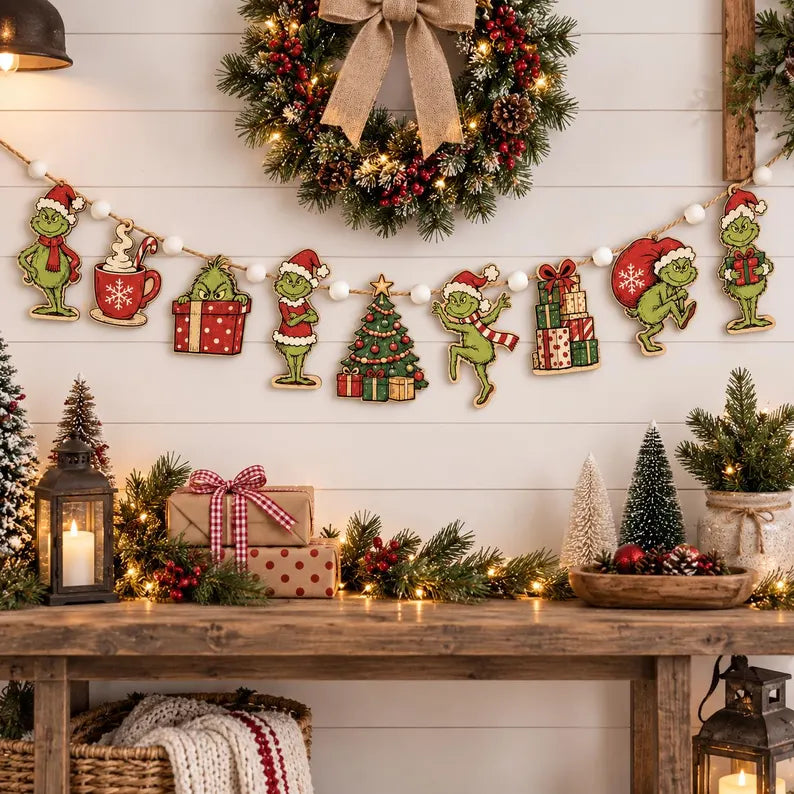 Funny Christmas Character Wooden Garland - Rustic Holiday Mantel Banner, Christmas Tree Bunting