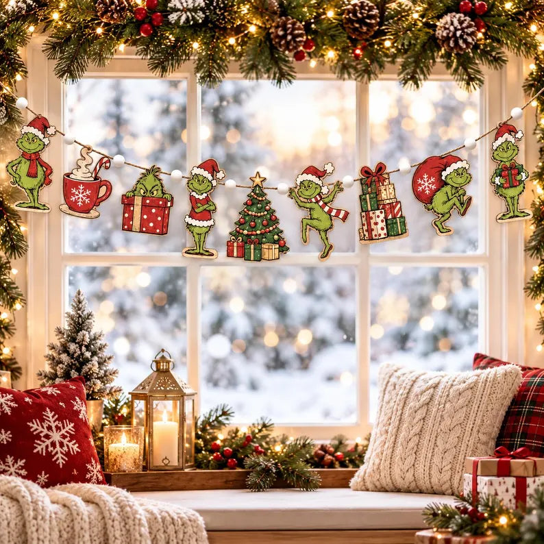 Funny Christmas Character Wooden Garland - Rustic Holiday Mantel Banner, Christmas Tree Bunting