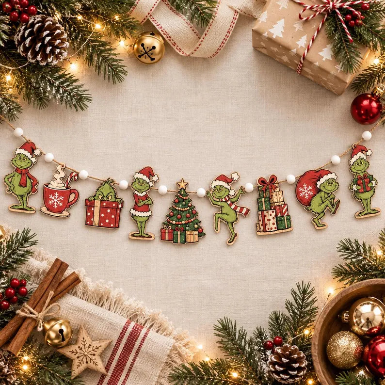 Funny Christmas Character Wooden Garland - Rustic Holiday Mantel Banner, Christmas Tree Bunting