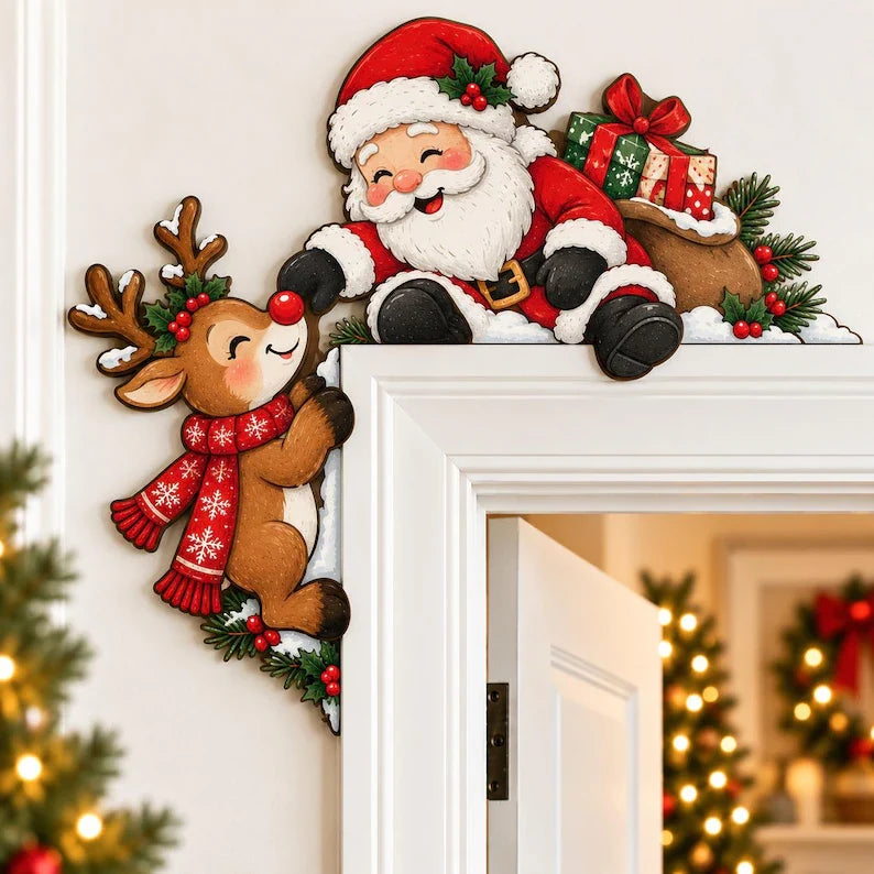 Santa & Reindeer Christmas Door Topper - Wooden Door Frame Corner Decor, Holiday Door Decoration