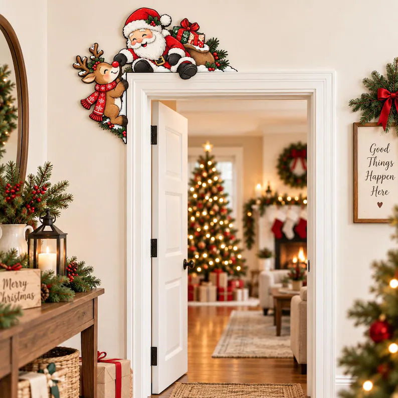 Santa & Reindeer Christmas Door Topper - Wooden Door Frame Corner Decor, Holiday Door Decoration