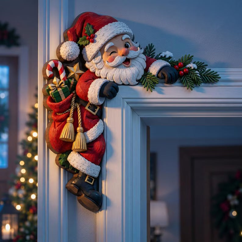 Peeking Santa Door Frame Topper - Christmas Door Corner Decor, Santa With Gifts Entryway Accent