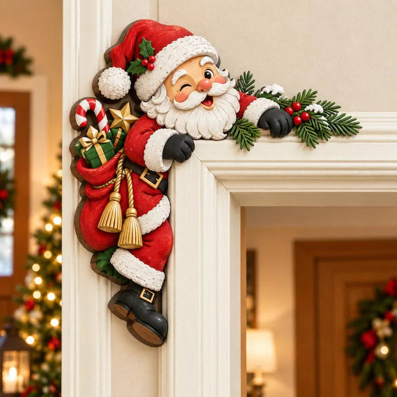 Peeking Santa Door Frame Topper - Christmas Door Corner Decor, Santa With Gifts Entryway Accent