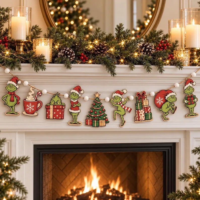 Funny Christmas Character Wooden Garland - Rustic Holiday Mantel Banner, Christmas Tree Bunting