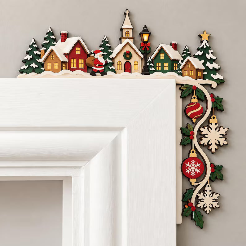 Christmas Village Corner Sign - Santa Door Frame Decor, Snowy Town Holiday Door Topper