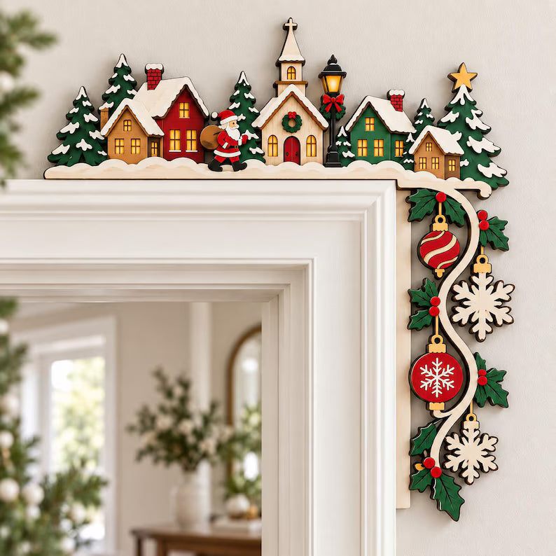 Christmas Village Corner Sign - Santa Door Frame Decor, Snowy Town Holiday Door Topper