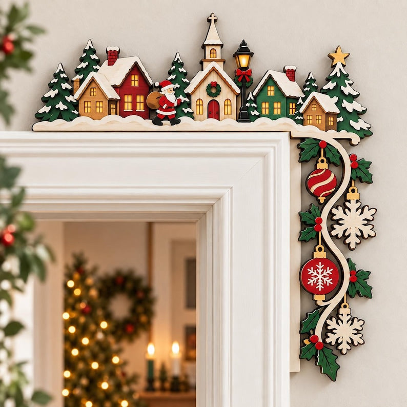 Christmas Village Corner Sign - Santa Door Frame Decor, Snowy Town Holiday Door Topper