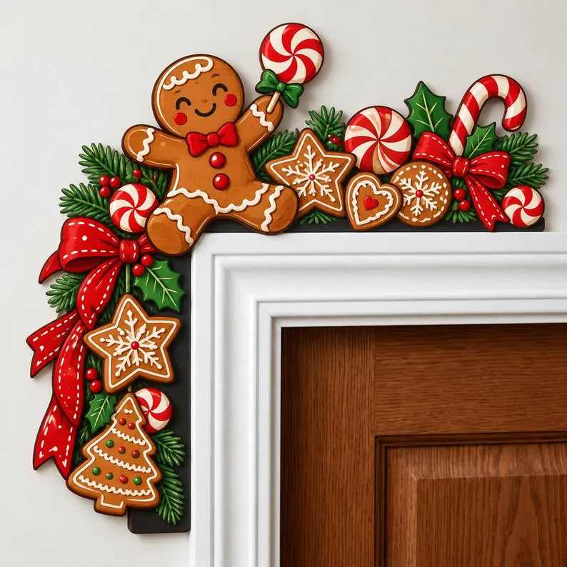 Gingerbread Christmas Wooden Corner Sign - Candy Cane Door Frame Decor, Holiday Doorway Topper
