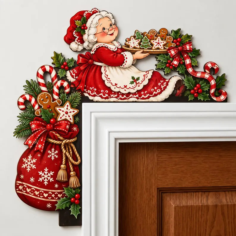 Mrs Claus Cookie Christmas Wooden Corner Sign - Holiday Baking Door Frame Decor