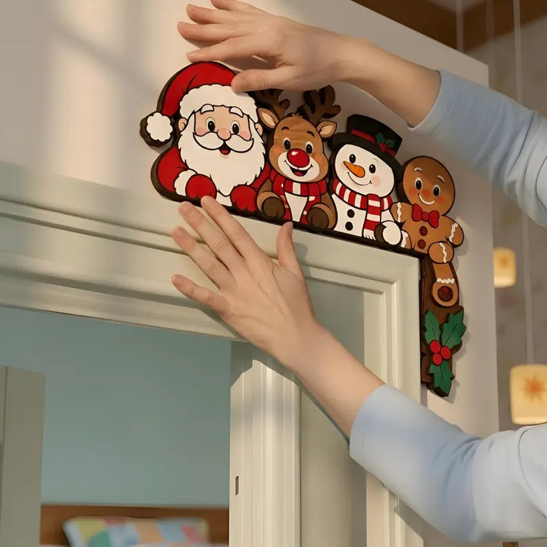 Christmas Friends Door Corner Sign - Santa, Reindeer, Snowman & Gingerbread Wooden Door Frame Topper
