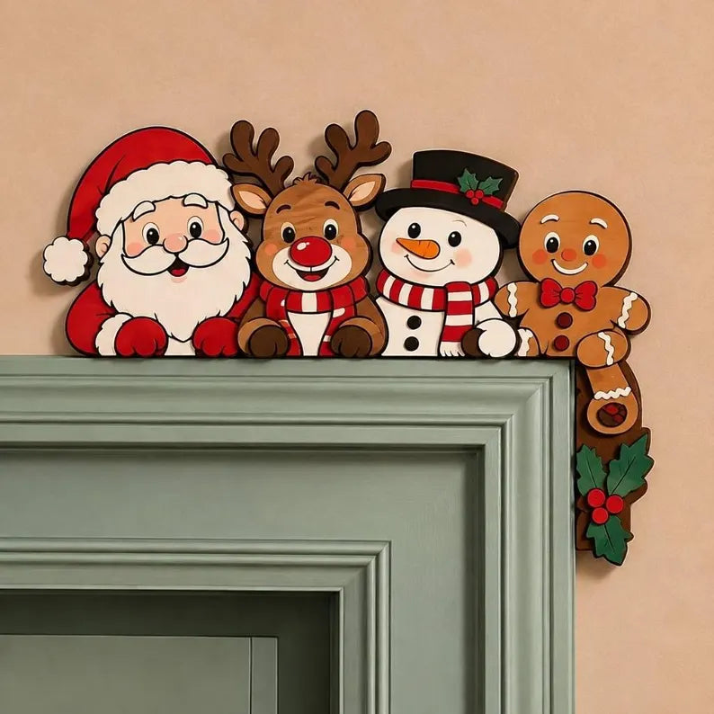 Christmas Friends Door Corner Sign - Santa, Reindeer, Snowman & Gingerbread Wooden Door Frame Topper