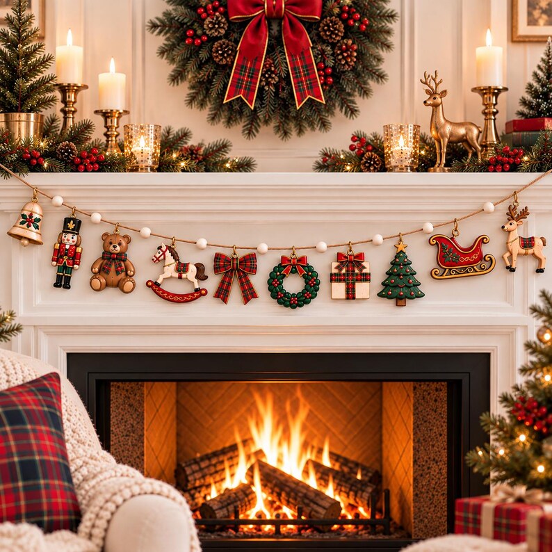 Preppy Christmas Wooden Garland - Red Green Tartan Holiday Mantel Banner