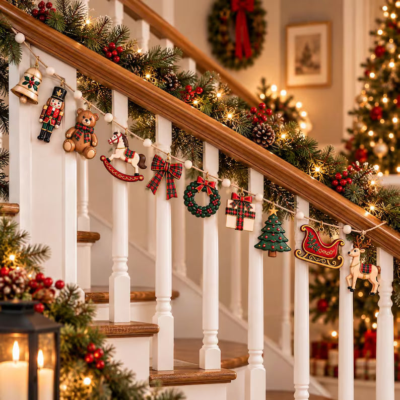 Preppy Christmas Wooden Garland - Red Green Tartan Holiday Mantel Banner