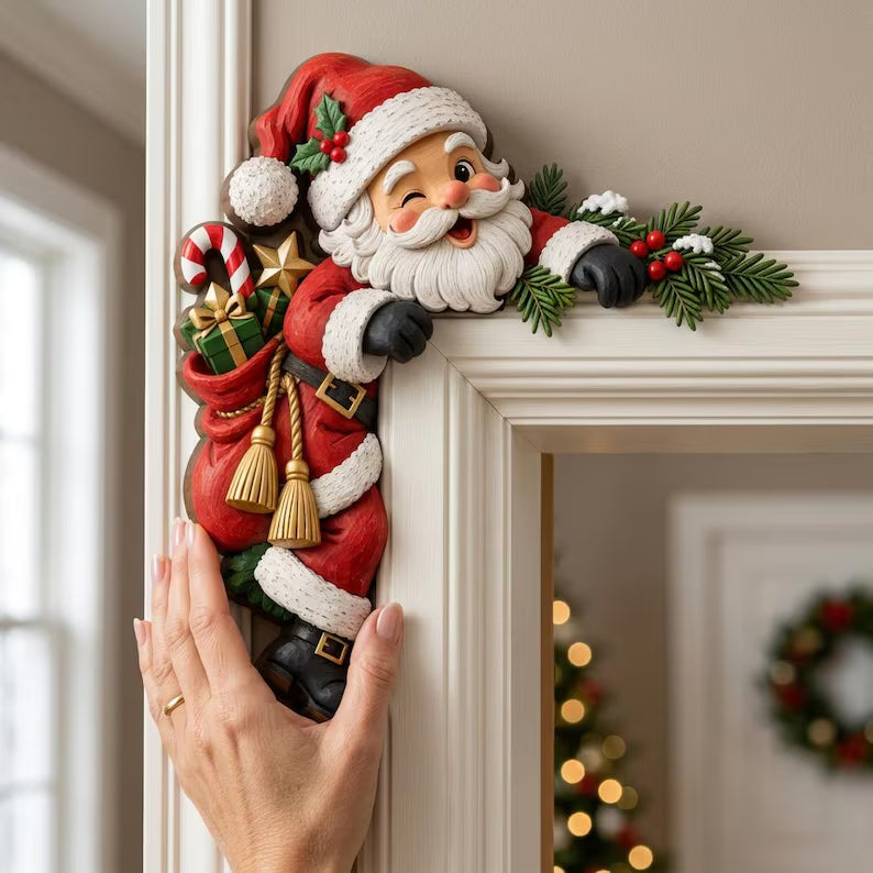 Peeking Santa Door Frame Topper - Christmas Door Corner Decor, Santa With Gifts Entryway Accent