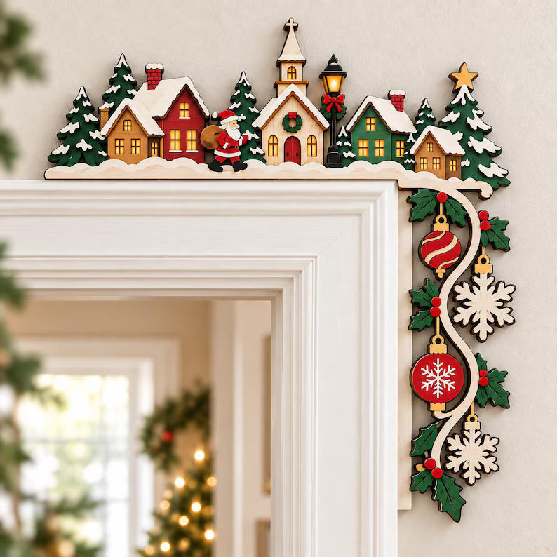 Christmas Village Corner Sign - Santa Door Frame Decor, Snowy Town Holiday Door Topper