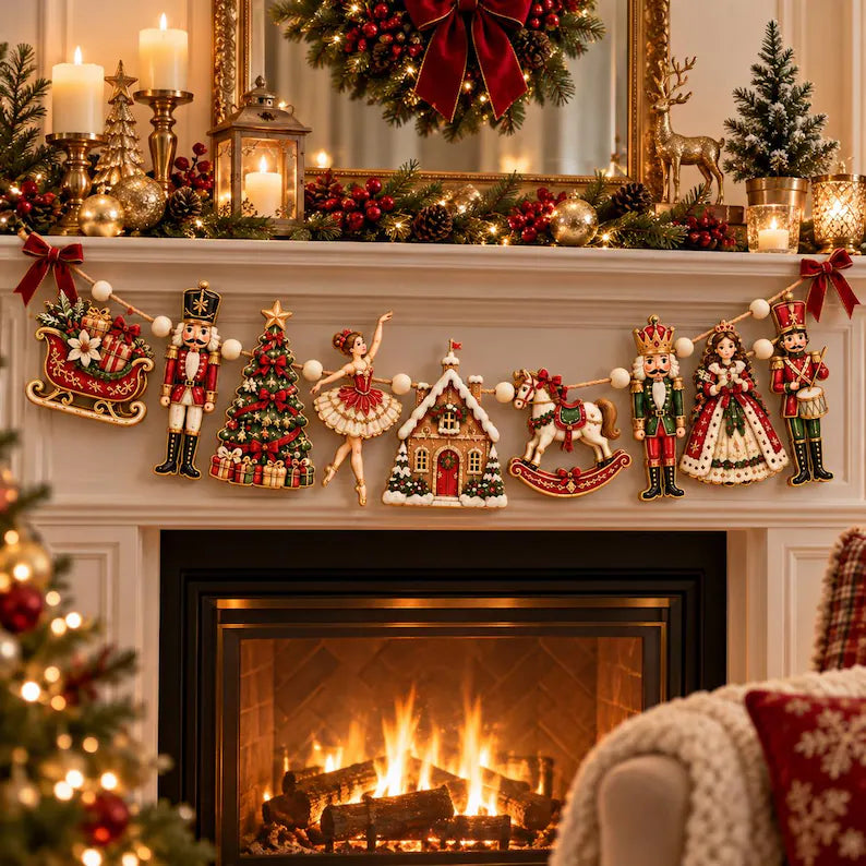 Nutcracker Christmas Wooden Garland - Ballerina & Rocking Horse Holiday Mantel Banner