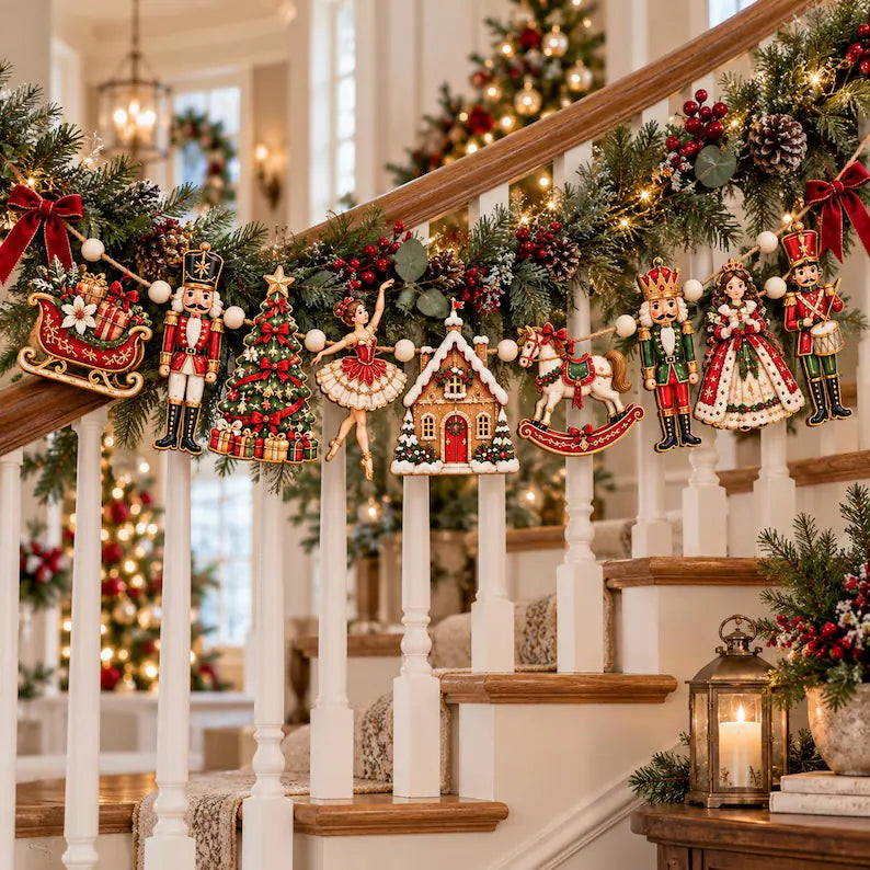 Nutcracker Christmas Wooden Garland - Ballerina & Rocking Horse Holiday Mantel Banner