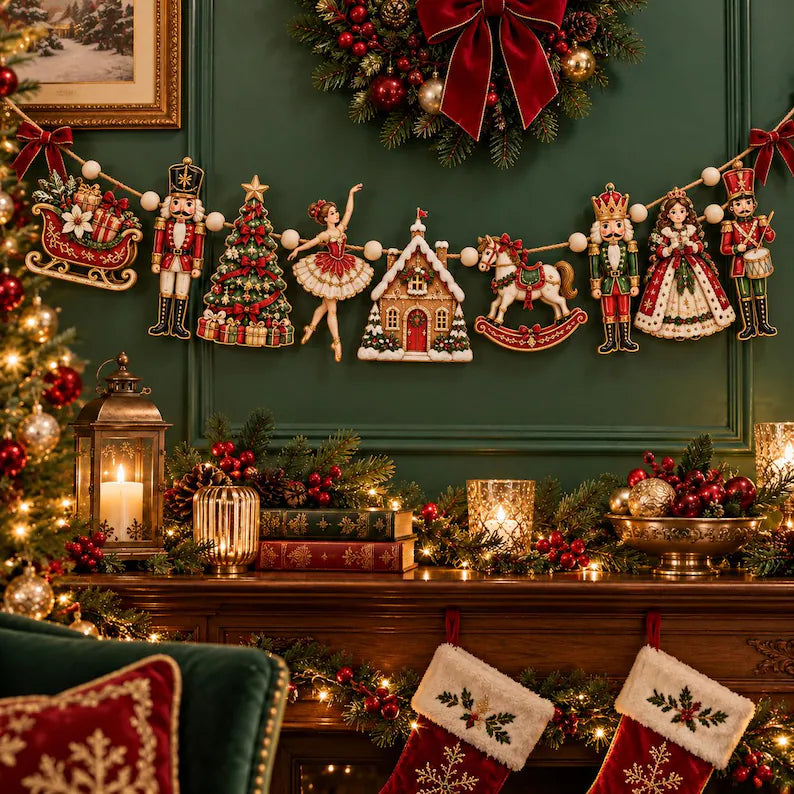 Nutcracker Christmas Wooden Garland - Ballerina & Rocking Horse Holiday Mantel Banner