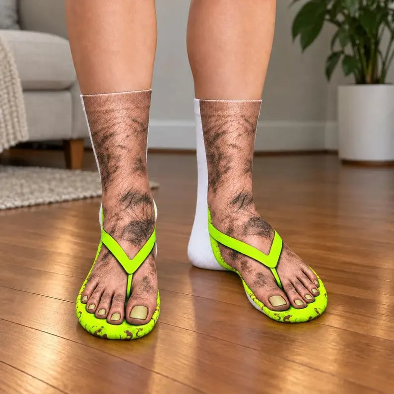 Funny Crew Socks – Hairy Legs & Neon Green Flip-Flop Print
