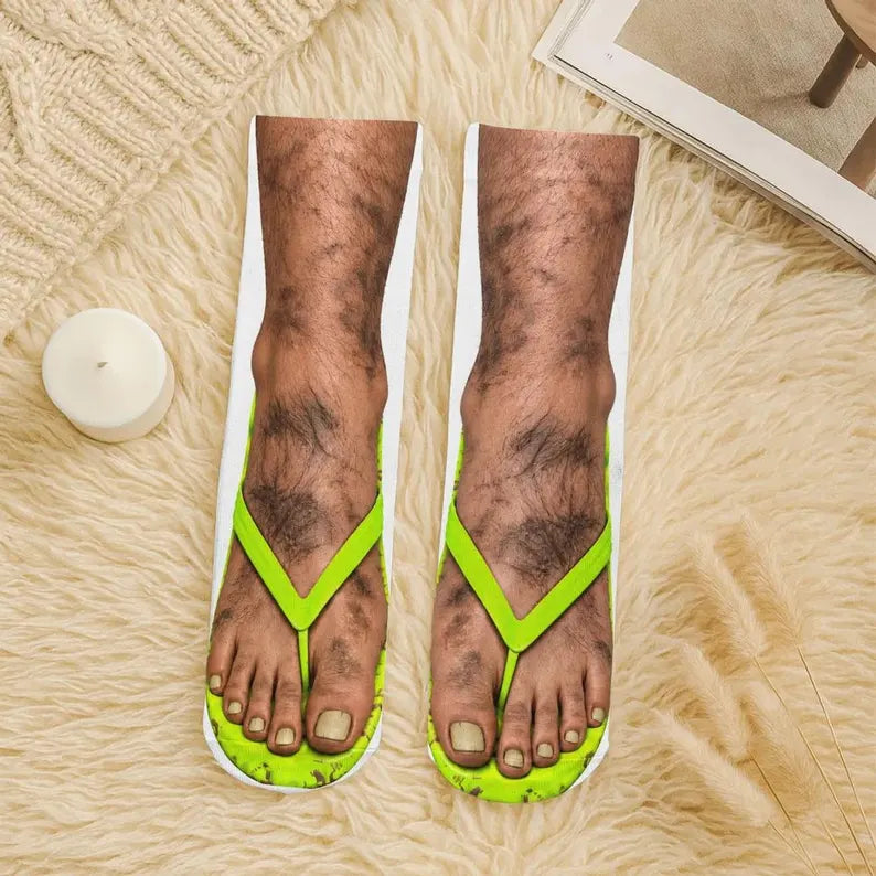 Funny Crew Socks – Hairy Legs & Neon Green Flip-Flop Print