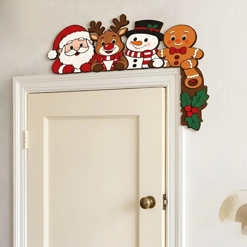 Christmas Friends Door Corner Sign - Santa, Reindeer, Snowman & Gingerbread Wooden Door Frame Topper