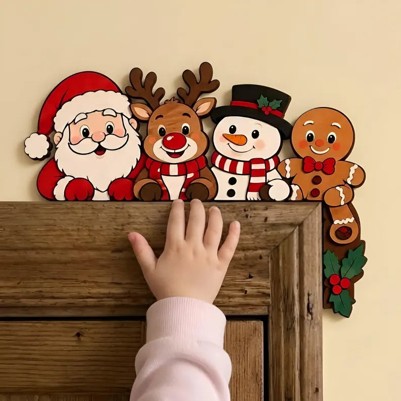 Christmas Friends Door Corner Sign - Santa, Reindeer, Snowman & Gingerbread Wooden Door Frame Topper