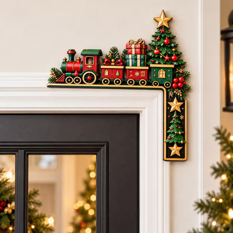 Christmas Train Door Corner Sign - Holiday Door Frame Topper, Wooden Christmas Doorway Decor