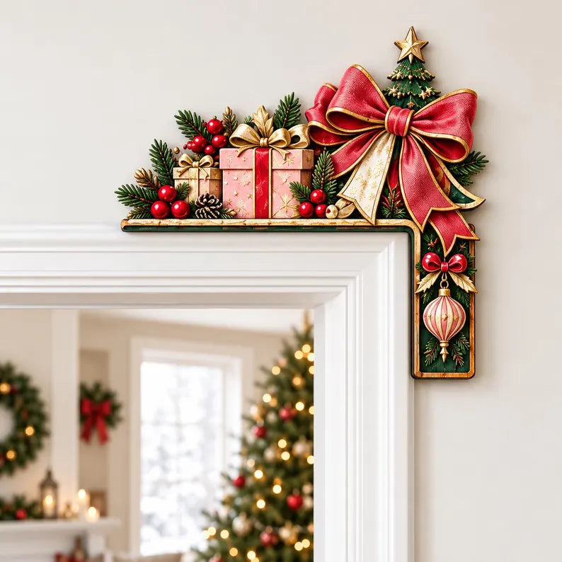 Christmas Bow Door Corner Sign - Red Bow Door Frame Topper, Holiday Gift Box Entryway Decor