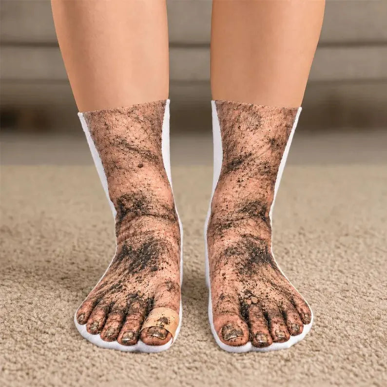 Funny Dirty Feet Socks – Hairy Barefoot Illusion Gag Gift