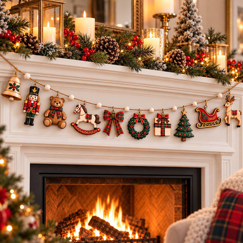 Preppy Christmas Wooden Garland - Red Green Tartan Holiday Mantel Banner