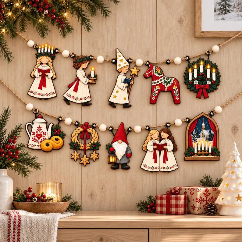 Swedish Christmas Wooden Garland - Scandinavian Saint Lucia & Dala Horse Nordic Mantel Banner