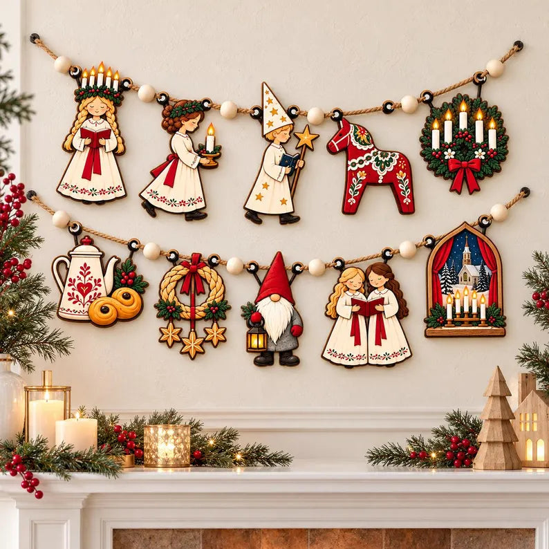 Swedish Christmas Wooden Garland - Scandinavian Saint Lucia & Dala Horse Nordic Mantel Banner