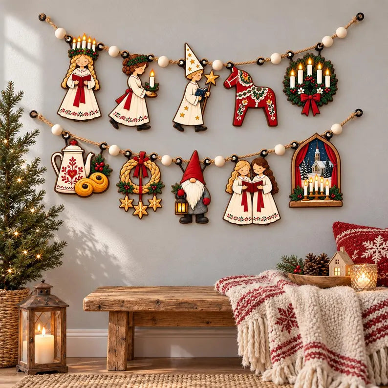 Swedish Christmas Wooden Garland - Scandinavian Saint Lucia & Dala Horse Nordic Mantel Banner