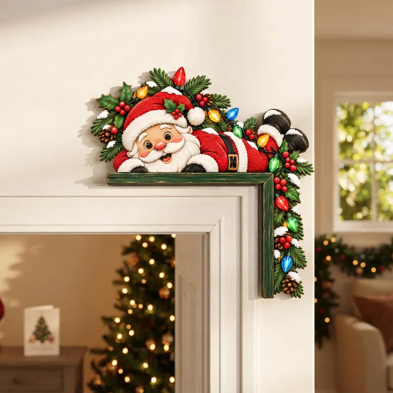 Santa Claus Door Topper Decor - Christmas Doorway Corner Sign, Holiday Door Frame Accent