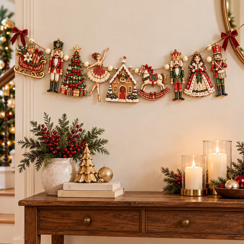 Nutcracker Christmas Wooden Garland - Ballerina & Rocking Horse Holiday Mantel Banner