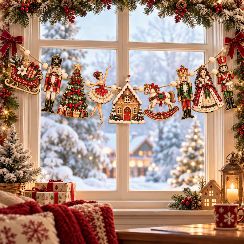 Nutcracker Christmas Wooden Garland - Ballerina & Rocking Horse Holiday Mantel Banner