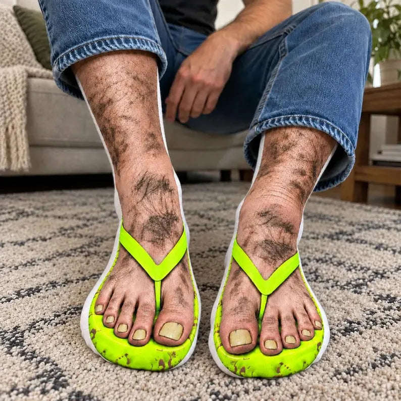 Funny Crew Socks – Hairy Legs & Neon Green Flip-Flop Print