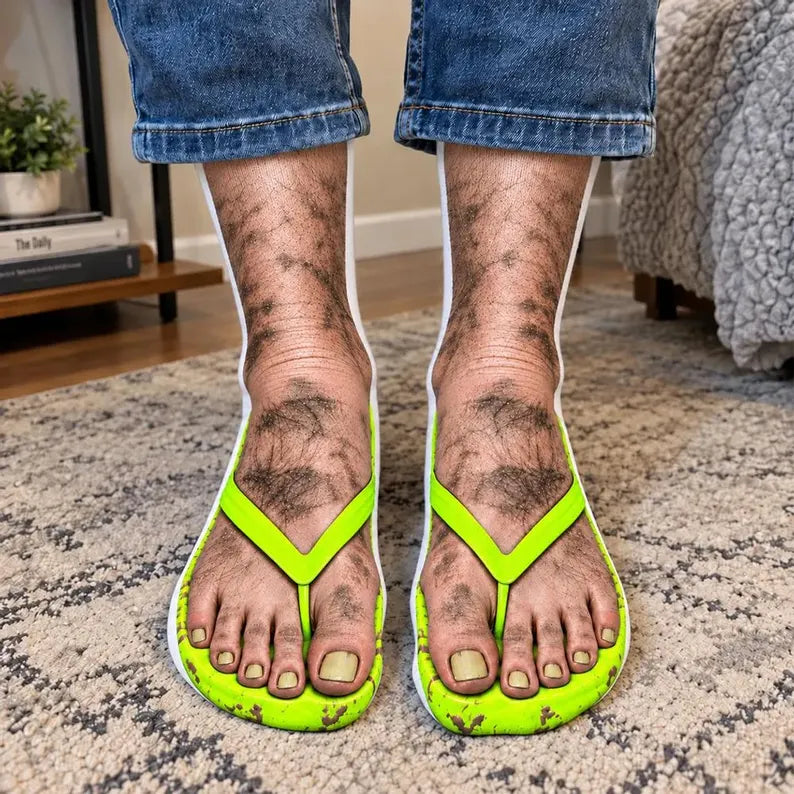 Funny Crew Socks – Hairy Legs & Neon Green Flip-Flop Print