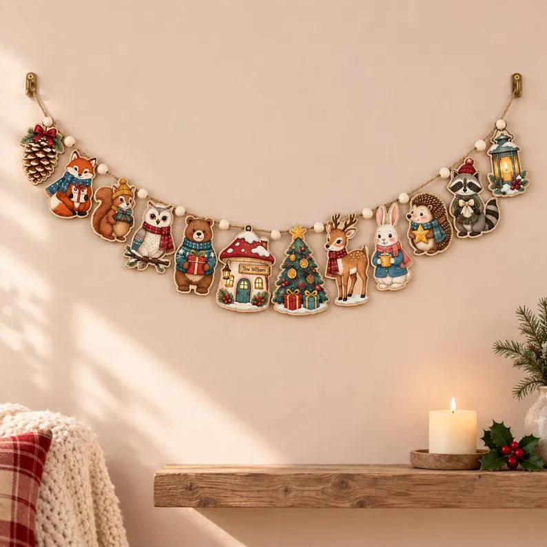 Woodland Animal Christmas Wooden Garland - Fox, Deer, Bunny & Bear Holiday Wall Banner
