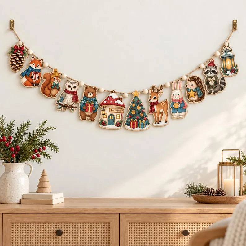 Woodland Animal Christmas Wooden Garland - Fox, Deer, Bunny & Bear Holiday Wall Banner