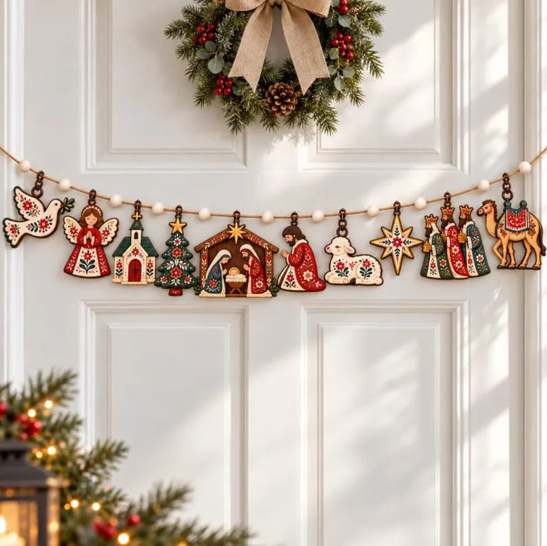 Scandinavian Christian Christmas Wooden Garland - Nordic Folk Art Nativity Mantel Banner