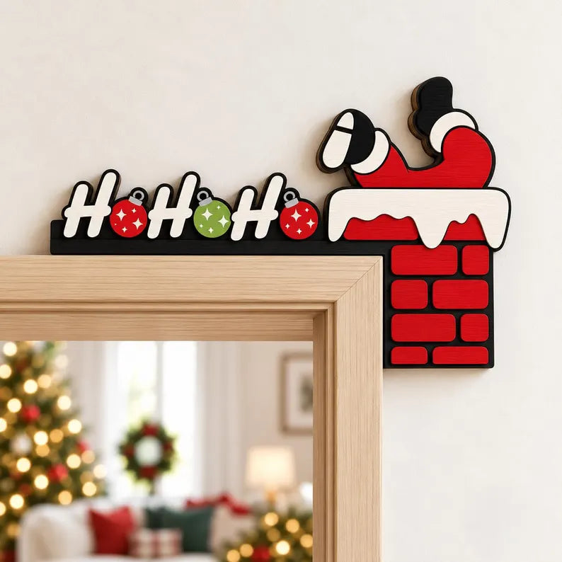Ho Ho Ho Santa Chimney Wooden Corner Door Sign - Christmas Door Frame Topper, Holiday Decor