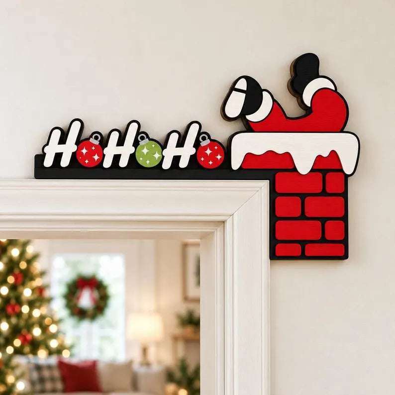 Ho Ho Ho Santa Chimney Wooden Corner Door Sign - Christmas Door Frame Topper, Holiday Decor